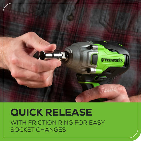 Man holding a 24V Brushless Half Inch Cordless Impact Wrench With 3 Speed Selector And LED Light Delivers 300 Ft Lbs Torque Ultra Compact And Lightweight