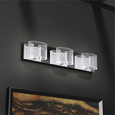 Three Light LED Bathroom Vanity Fixture Over Mirror 24 Inch Chrome Finish Dimmable With Clear Acrylic Lampshades 6000K Cold White