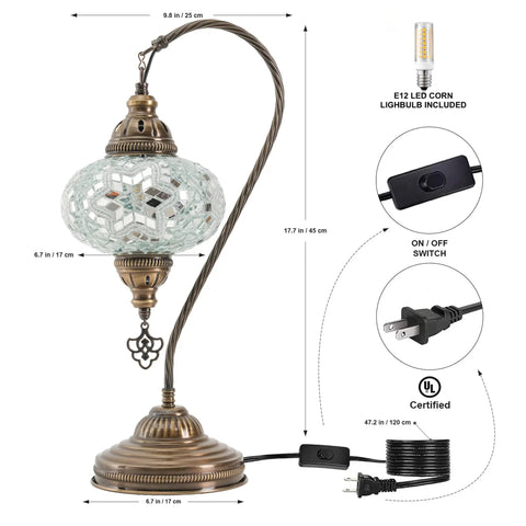 Turkish Swan Neck Mosaic Table Lamp Handcrafted Stained Glass Tiffany Style Bedside Desk Light With US Plug And E12 Socket details