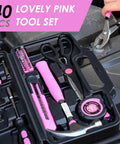 Open 40 Piece Pink Home Tool Set with Plastic Toolbox Storage Case for Quick Home Repairs, Easy Furniture Assembly And Picture Hanging.
