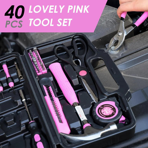 Open 40 Piece Pink Home Tool Set with Plastic Toolbox Storage Case for Quick Home Repairs, Easy Furniture Assembly And Picture Hanging.