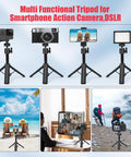 Extendable Mini Tripod For GoPro Hero Cameras And Osmo Pocket, 8 to 23.6 Inch Height, shows multiple devices with tripod usage