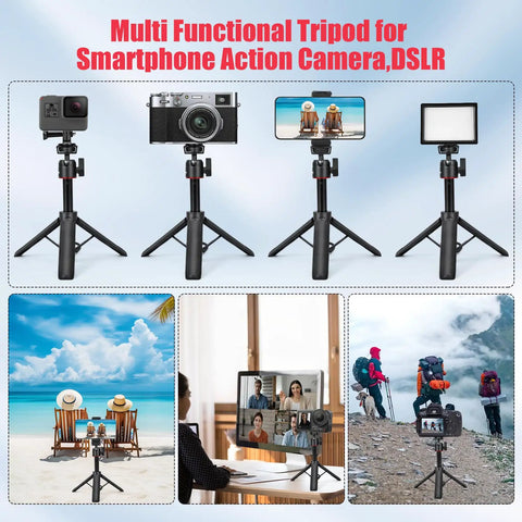 Extendable Mini Tripod For GoPro Hero Cameras And Osmo Pocket, 8 to 23.6 Inch Height, shows multiple devices with tripod usage