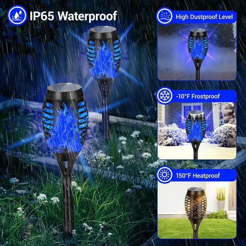 12 Pack Solar Tiki Torch Lights Outdoor Waterproof Blue Flickering Flame For Yard Garden Pathway Patio Ambiance Easy Setup Energy Saving Lit Night Lighting shown in waterproof, frostproof, heatproof conditions.