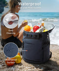 Forest Green Backpack Cooler With Dual Insulated Compartments Keeps 38 Cans Cold All Day, Leak Proof And Waterproof Soft Cooler Bag shown on beach