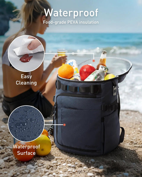 Forest Green Backpack Cooler With Dual Insulated Compartments Keeps 38 Cans Cold All Day, Leak Proof And Waterproof Soft Cooler Bag shown on beach