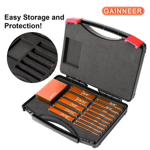 Setup Blocks 15 Pcs Aluminum Precision Height Gauge Set in a black case with orange anodized aluminum bars for woodworking.
