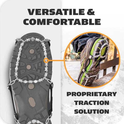 Boss Level All Surface Traction Cleats Engineered With Reinforced Diamond Beads Conquering Slippy Ice And Packed Snow Quick Snap On Shoe Protectors Matte Black Large shown on footwear with traction detail.