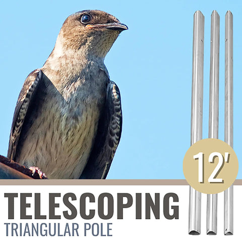 Purple Martin Birdhouse Tri Tel Mounting Pole 12 Foot Telescoping Aluminum Pole next to a purple martin bird.