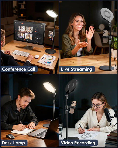 Ring Light With Desk Stand For Video Creation And Makeup, Dimmable LED in use for conferencing, streaming, recording, and desk lighting