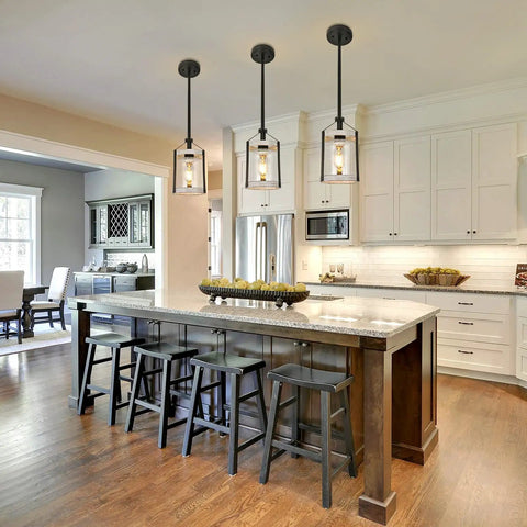 Farmhouse Pendant Light With Seeded Glass And Metal Cage, Rustic Wood Finish Island Lighting Fixture in kitchen setting