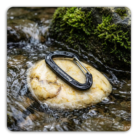 Heavy Duty 15kN Wire Gate Carabiner on rock in stream, aluminum quick draw clip for camping and hiking, black anodized finish.