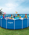 Top Tier 15 Foot Round Above Ground Pool Featuring Lightning Fast Snap Lock Assembly Durable Steel Supports And Smooth Inner Sleeve with swimmers enjoying a sunny day.