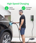 Man using Level 2 50 Amp EV Charger 240V Indoor Outdoor Home Charging Station With J1772 Connector to charge electric car.