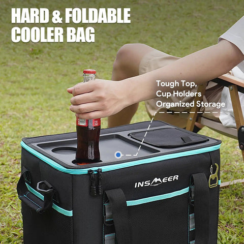 Person using Hard Shell Hybrid Soft Cooler Bag With Two Cup Holders Portable 40L Insulated Collapsible Cooler For Travel Beach Camping Picnic Leakproof Ice Chest Lunch Box Keeps Ice Longer Space Saving outdoors