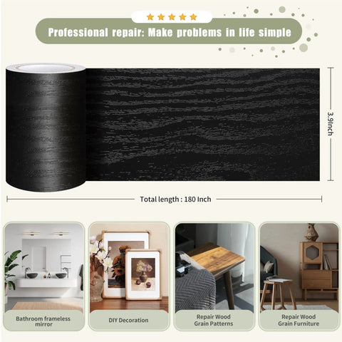 Wood Grain Tape Self Adhesive 3.9 Inch By 15 Foot For Tables Chairs Baseboards Doors Windows Floors And Furniture Renovation Black Finish Easy DIY Scratch Repair For Cabinets And More. Black wood grain tape roll and sample uses.