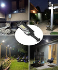 Outdoor Solar Lights 1000 Lumens 156 LED Solar Powered Motion Sensor Flood Lights illuminating various outdoor areas