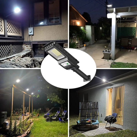 Outdoor Solar Lights 1000 Lumens 156 LED Solar Powered Motion Sensor Flood Lights illuminating various outdoor areas