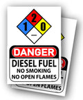 Two Pack Diesel Fuel No Smoking No Open Flames Signs Self Adhesive Vinyl 7 By 10 Inch Indoor Outdoor Warning Decals For Shops Garages And Fuel Areas Anywhere. front view of two diesel fuel warning decals