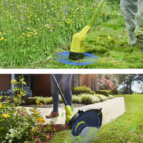 Replacement Weed Wacker String Pack For Ryobi One Plus 18V 24V 40V Trimmers shown in use on grass and garden edges