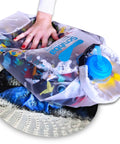 Pocket Sized Portable Travel Wash Bag Featuring Patented Washboard Design ultra lightweight in use with colorful clothes and suds.