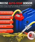 Rechargeable Fuel Transfer Pump With Auto Stop And Leak Protection, 3.4 GPM Automatic Gas Can Pump attached to blue gas can