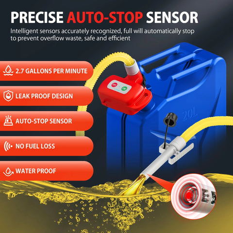 Rechargeable Fuel Transfer Pump With Auto Stop And Leak Protection, 3.4 GPM Automatic Gas Can Pump attached to blue gas can
