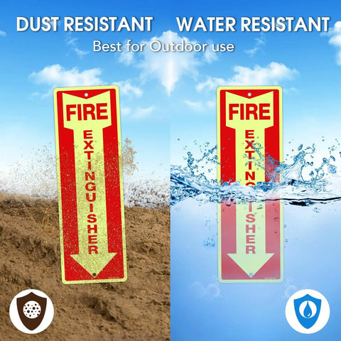 Heavy Duty Fire Extinguisher Signs 12 Pack Made From Rust Free Aluminum 12 By 4 Inch Glow In The Dark Waterproof Weatherproof Fade Resistant Two Pre Drilled Holes For Easy Indoor Outdoor Mounting displayed in dusty and wet conditions