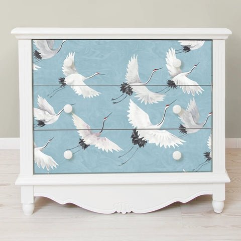 Blue Halcyon Crane Peel And Stick Wallpaper Removable No Residue Repositionable for walls on dresser with crane pattern