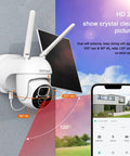 Solar Powered Wireless Outdoor Camera With 2K PTZ Pan Tilt mounted on wall, showing angle capabilities and mobile app interface.