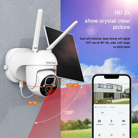 Solar Powered Wireless Outdoor Camera With 2K PTZ Pan Tilt mounted on wall, showing angle capabilities and mobile app interface.