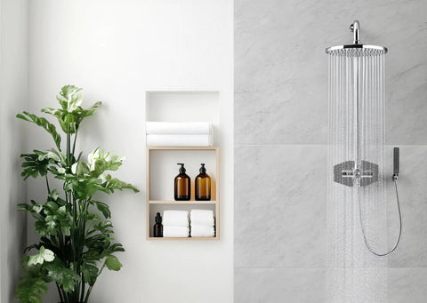 Modern bathroom with rainfall showerhead, tiled wall, plant, and wooden shelf with toiletries and towels.