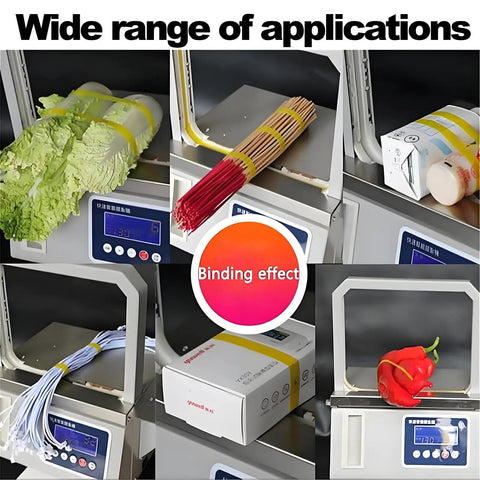 HuanEssentric High Speed Automatic Bundling Machine With Adjustable Tightness and Two Use Modes for supermarket produce and office supplies.