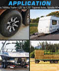 Trailer hub bearings kit collage: wheel hub close-up, white travel trailer, boat trailer, and hay trailer.