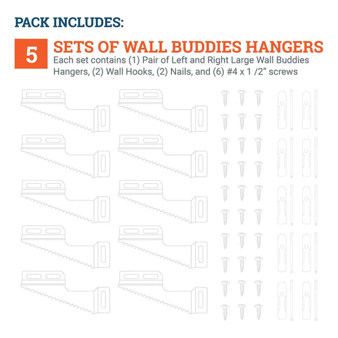 Rock Solid Self Leveling Sawtooth Picture Frame Wall Hangers For Wood Art Displays With No Hassle Easy Install Hardware Kit Holds Up To Thirty Pounds Super Legit Five Piece Set showing five sets of hangers with screws and hooks.
