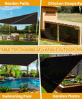 Ninety Percent Shade Cloth Ten By Twenty Feet Beat The Heat With This Heavy Duty Sun Block Mesh Tarp Featuring Reinforced Grommets For Greenhouse Garden Patio Backyard Plants Pergola And Chicken Coop shown in various outdoor uses