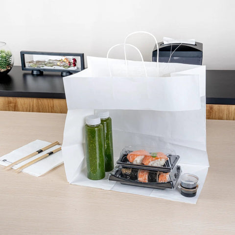 Sturdy White Paper Shopping Bags With Handles 14.2 By 8.3 By 13.2 Inches 100 Pack Durable Grocery Gift Bags holding sushi and drinks