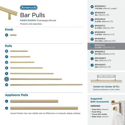 Comparison chart showing various lengths of Champagne Bronze cabinet pulls, including Champagne Bronze Cabinet Pull 12-5/8 Inch Center To Center Bar Handle For Cabinets And Drawers.