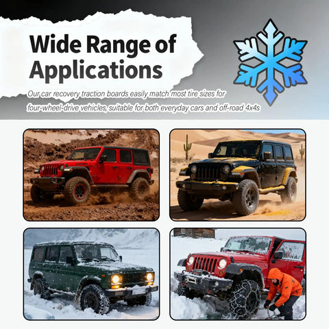 Heavy Duty 2 Pack Car Tire Traction Mats Featuring Non Slip Grip And Compact Handles Versatile Winter Recovery Tracks shown in off-road scenarios.