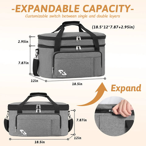 Insulated Double Layer Travel Bag For 6 To 8 Quart Oval Crock Pot Slow Cooker Keeps Food Warm On The Go Durable Carry Handles Spill Resistant Exterior Lightweight And Ready For Meals Anywhere showing expandable capacity with dimensions labeled.