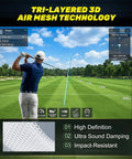 3D Air Mesh Golf Impact Screen For Home Practice And Indoor Outdoor Swing Training, Thick HD Projector Screen With Webbing Buckles And Bungee Cords, 8.2 X 8.2 Ft For Realistic Golf Simulator Sessions displaying tri-layered technology and screen texture.