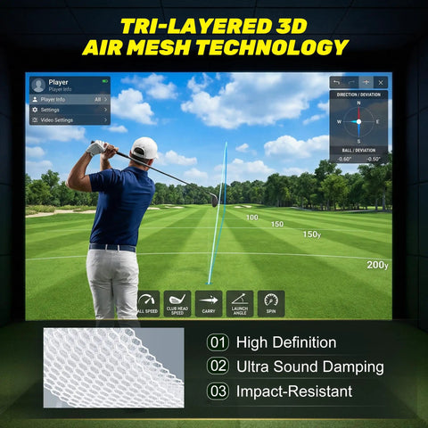 3D Air Mesh Golf Impact Screen For Home Practice And Indoor Outdoor Swing Training, Thick HD Projector Screen With Webbing Buckles And Bungee Cords, 8.2 X 8.2 Ft For Realistic Golf Simulator Sessions displaying tri-layered technology and screen texture.