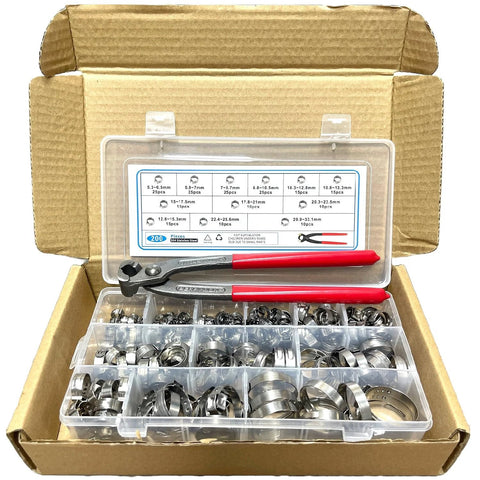 Front view of Leberna 200-piece 304 stainless hose clamp kit with red-handled crimping pliers.