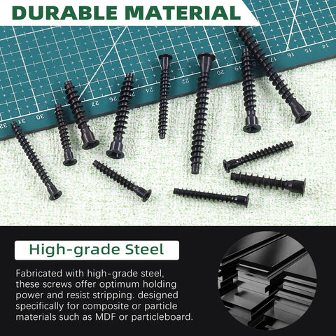 Close-up of 50 Pcs Highpoint Confirmat Screws Flat Head Countersunk Black Zinc Plated Furniture Connectors M7 x 40mm on green mat.
