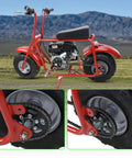 35 Chain 40 Tooth Rear Sprocket on red mini bike in landscape, showcasing Predator 97cc compatibility and heavy-duty upgrade