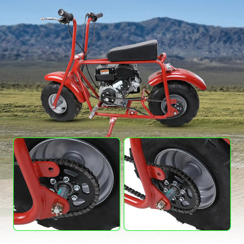 35 Chain 40 Tooth Rear Sprocket on red mini bike in landscape, showcasing Predator 97cc compatibility and heavy-duty upgrade
