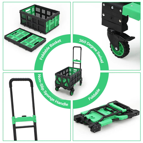 2-In-1 Folding Hand Truck With Basket Hauls 330 Lb Capacity And Switches From Upright Two-Wheel Dolly To Four-Wheel Platform Cart For Easy Moving Of Boxes Luggage Groceries And Home Gear Green, folded and open views