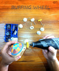 Person using a rotary tool with a Cashmere Polishing Buffing Wheel Set For Rotary Tool One Eighth Inch Shank on a painted wooden object.