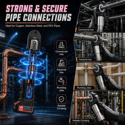 Heavy Duty 18V Hydraulic Pipe Crimping Tool With 60KN Power Fast 3S Crmp For Plumbing Professional Electric Ratchet Crimper Kit in use on pipes.