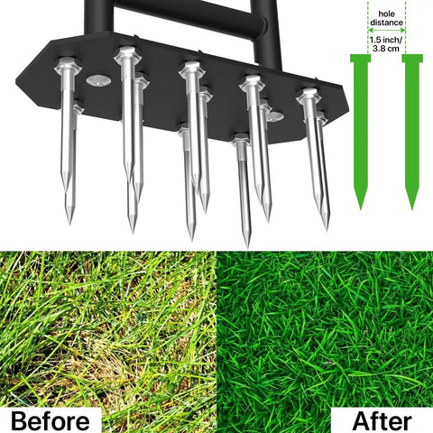 Heavy Duty Lawn Aerator Spike Tool With 18 Steel Spikes And 38.8 Inch Manual Handle For Grass And Yard Care, close-up view